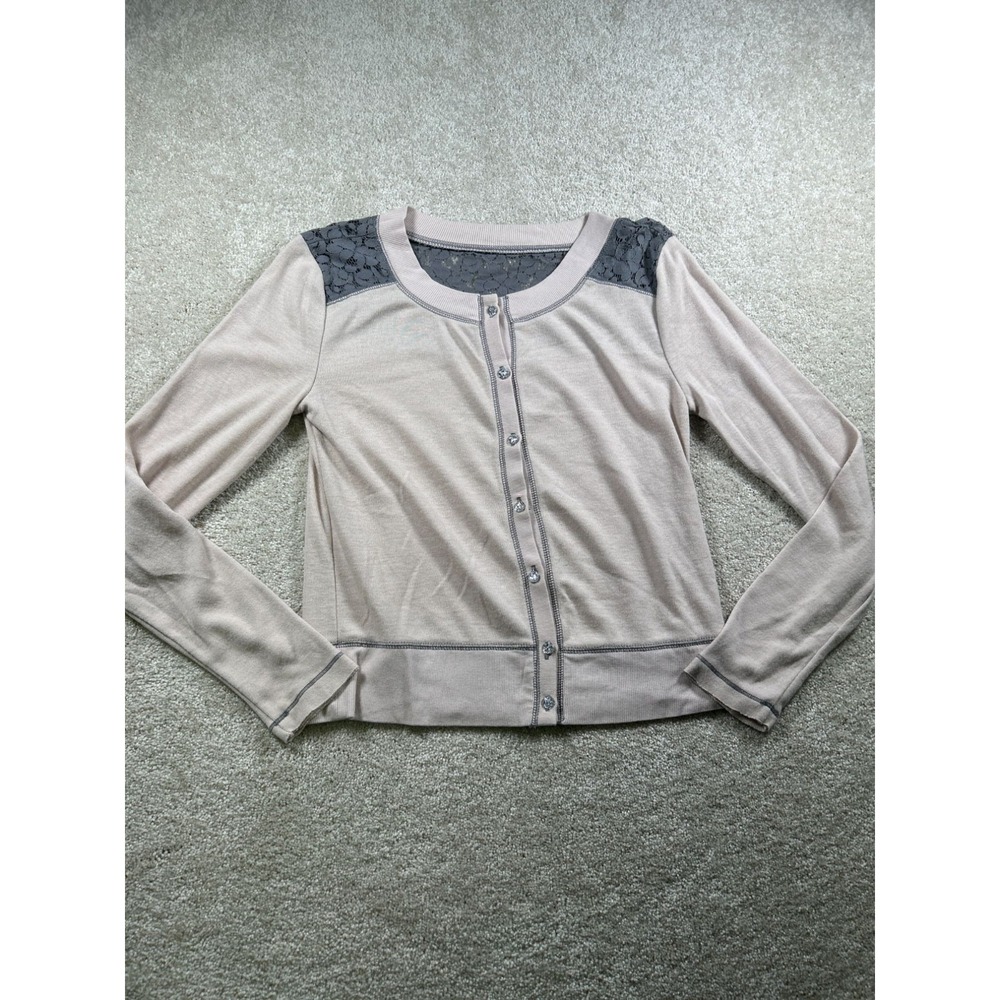 Lace‎ Insert Button-Up Cardigan Women Size M Light Pink & Gray
